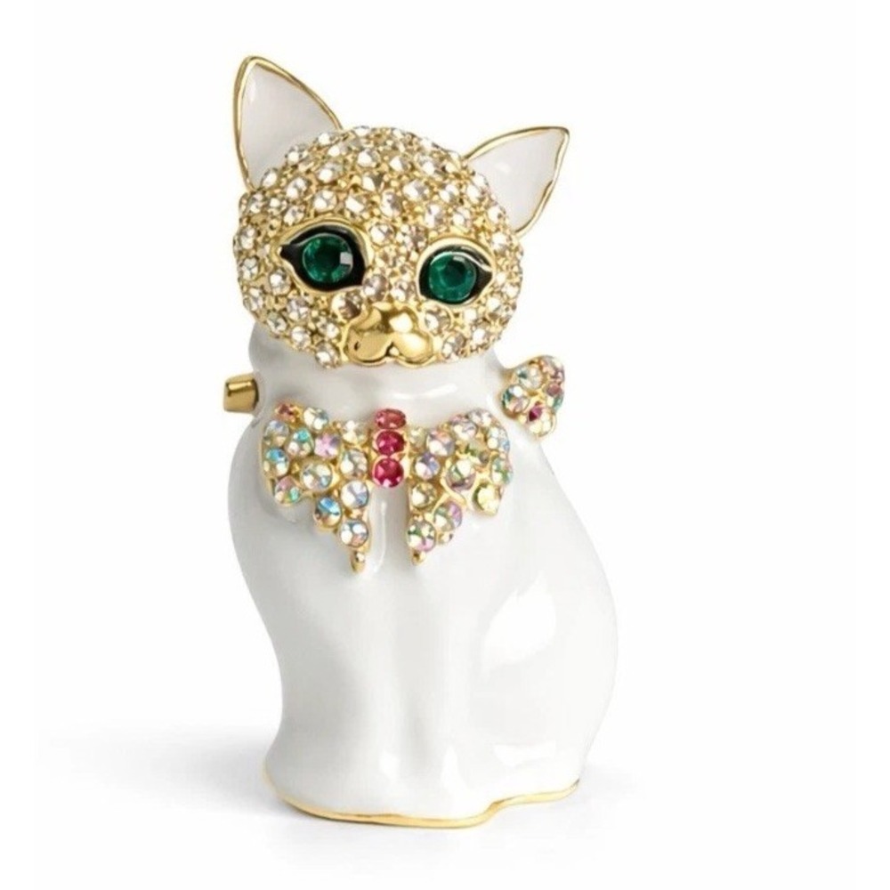 Rhinestone Cat Metal Brooch White Enamel Gold Tone Green Eyes Pin 1.5"